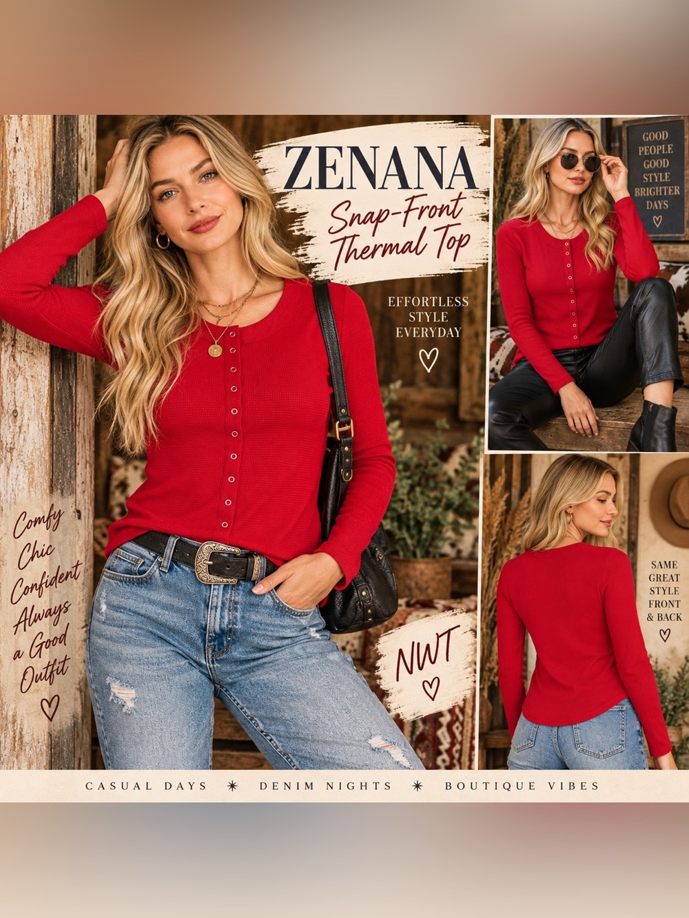 Zenana Outfitters Red Button-Front Waffle Knit Long Sleeve Top